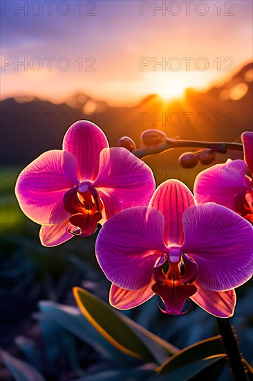 Orchid field at sunrise golden light suffusing the blossoms glow, AI generated