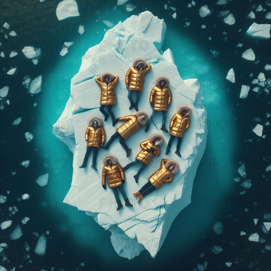 Group of people in yellow golden puffer jacket lies on a block of ice alone in the middle of the ocean sea. Environmental issue, climate change agenda, AI generated