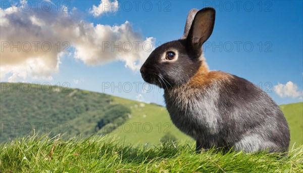 KI generated, A colourful dwarf rabbit in a meadow in summer, side view, (Brachylagus idahoensis)