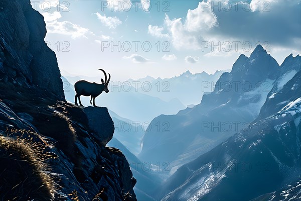 Alpine ibex standing on mountain ledge, AI generated