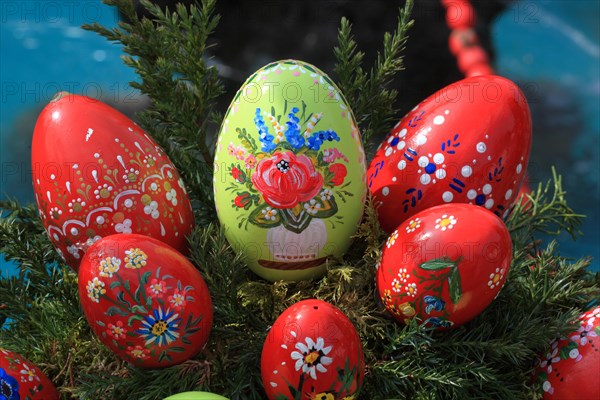 Detail of an Easter fountain in Franconian Switzerland, Bamberg district, Upper Franconia, Germany, many colourful blown-out and dyed eggs as decoration, Easter custom, Europe