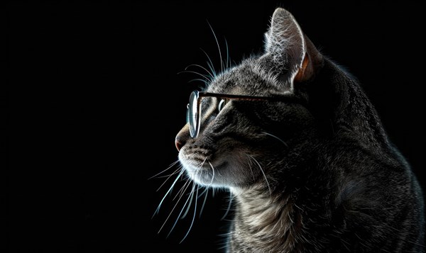 A cat in profile wearing glasses on a black background looks serious AI generated