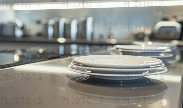 Stacks of white plates on a reflective kitchen counter in a modern design AI generated