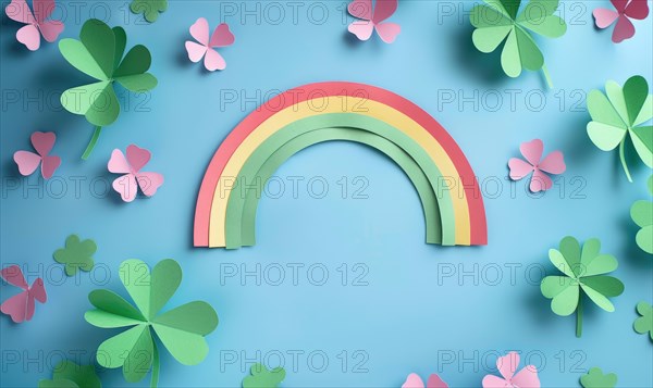 Simple yet attractive paper cutouts of a rainbow and shamrocks on blue AI generated
