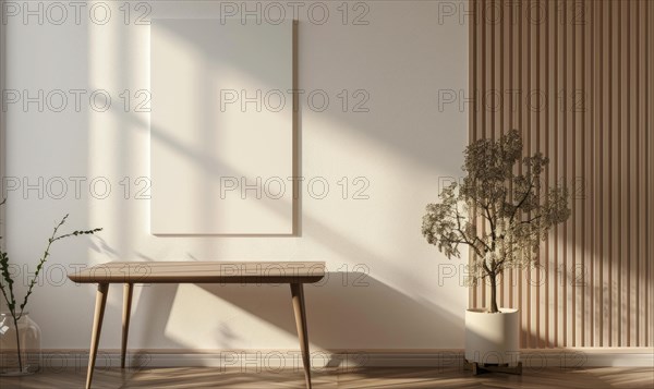 A modern, clean interior with a wooden bench, empty frame, and a floor plant under natural sunlight AI generated
