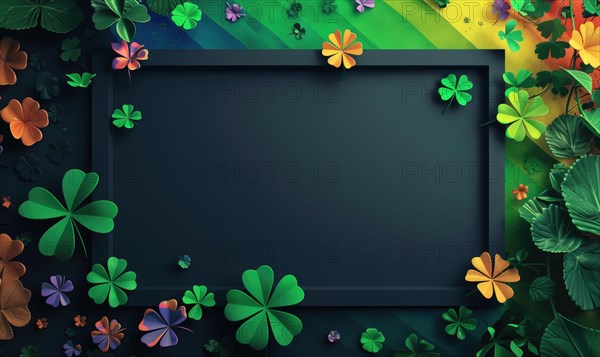 Vibrant St. Patrick's Day design with colorful clovers around a chalkboard style frame AI generated