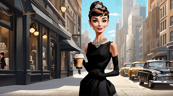 Stylish woman in a vintage black dress standing on a New York city street with classic cars, holding cappuccino to go in her right hand, 1960's mood, AI generated