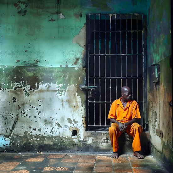 A black prisoner in orange clothing, sitting in front of a prison cell, AI generated, AI generated