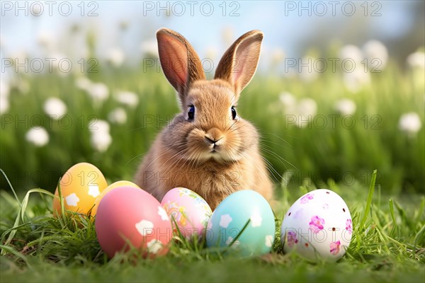 Bunny with colorful painted Easter eggs on grass meadow with white spring flowers in blurry background. KI generiert, generiert AI generated