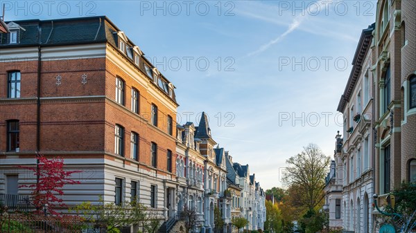 Old flats in a quiet street with autumn trees, Wilhelminian style, Briller Viertel, Elberfeld, Wuppertal, North Rhine-Westphalia
