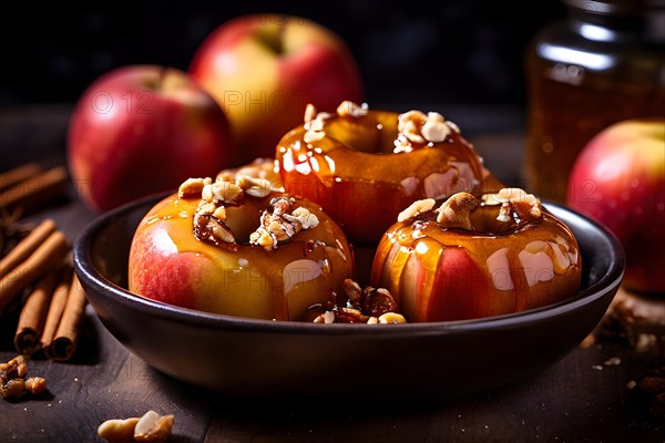 Warm baked apples stuffed with cinnamon nuts and honey cascading with spiced maple syrup, AI generated