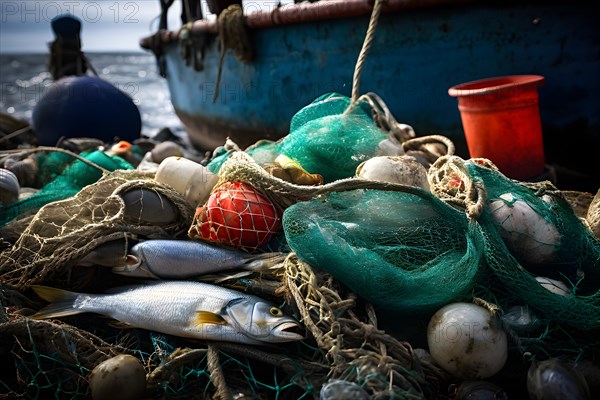 Fishermans net teeming with plastic debris overshadowing the sparse catch of fish, AI generated