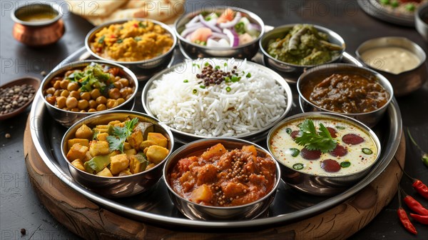 A vegetarian Indian thali with chickpeas, spinach, lentils, and rice, full of rich flavors, ai generated, AI generated