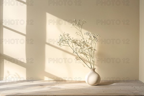 A serene setup with a white vase holding dried flowers casting soft shadows, AI generated