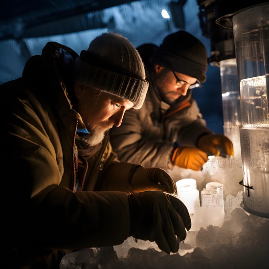 Ice core scientists diligently examining cylindrical samples, AI generated