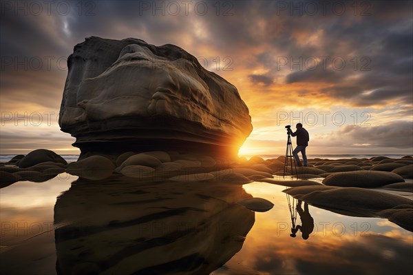 Silhouette of a photographer with a tripod on a rocky beach during an atmospheric sunset, AI generated