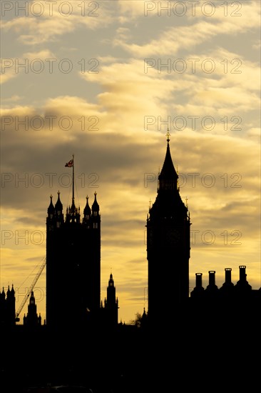 Big Ben or The Elizabeth Tower clock tower of the Palace of Westminster at sunset, City of London, England, United Kingdom, Europe