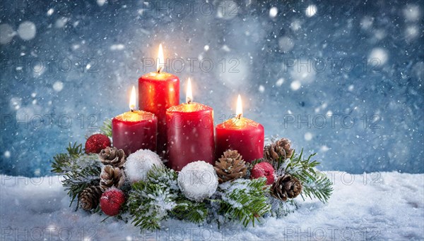 Ai generated, Advent wreath with burning candles, Christmas season, Christmas decoration, 4th Advent, Fourth Advent