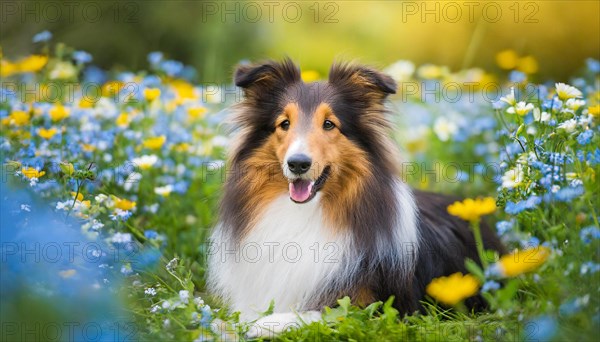 AI generated, A long-haired collie lies in a colourful meadow of flowers