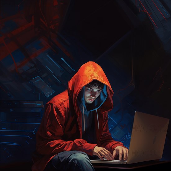 Illustration, teenager with hoodie in gloomy surroundings sitting at a laptop, symbolic image for cybercrime, juvenile delinquency, AI generated, AI generated, AI generated