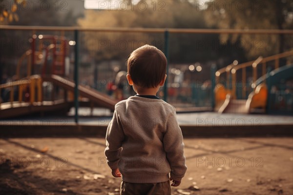 Back view of young boy child alone at empty playground. KI generiert, generiert AI generated