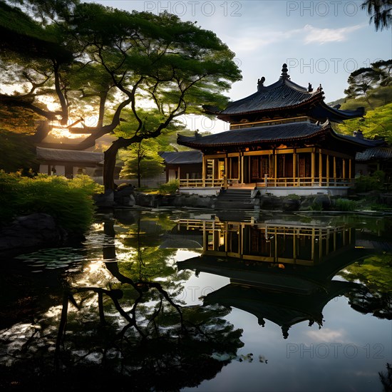 Shaolin temple mirrored perfectly in undisturbed waters, AI generated