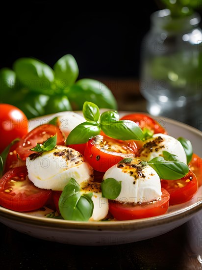 Caprese salad featuring ripe tomatoes embracing buffalo mozzarella fresh basil leaves perched on top, AI generated