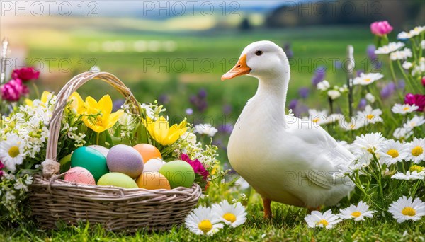 Ai generated, An Easter basket with coloured eggs in a meadow with colourful flowers, in the basket, white duck, domestic duck, symbolic picture Easter, animal children