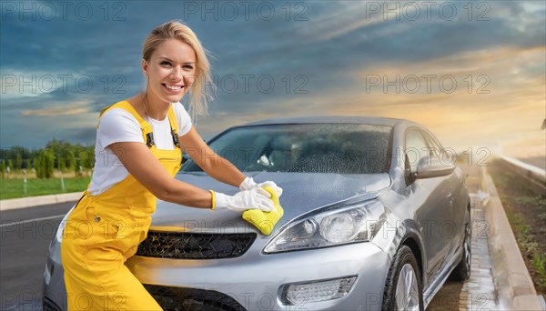 AI generated, A blonde woman washes a car by hand, silver sports car