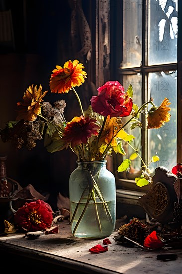 Still life with wilted flowers exuding elegance in decay, AI generated