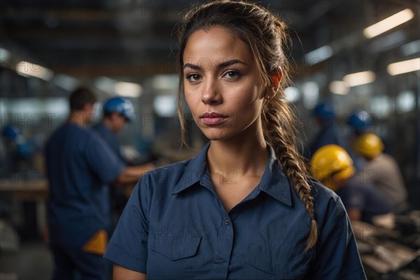 A woman in a blue shirt with a braid looks focused in a workshop setting, blurry selective focus background, bokeh, AI generated