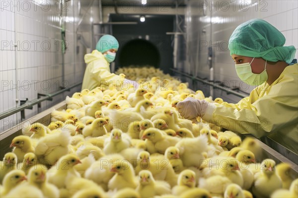 Male chicks on a conveyor belt. In poultry production, chick killing or chick shredding refers to the routine killing of day-old chicks that are no more than one day old. AI generated, AI generated, AI generated