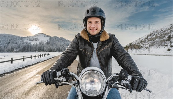 AI generated, A young man rides a motorbike through a winter landscape