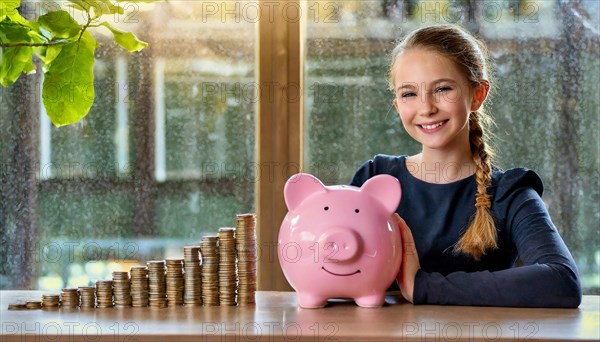 AI generated, A young girl, 8, 10, years, saves money and coins for the future, provision, nest egg, euro, coins, euro cent