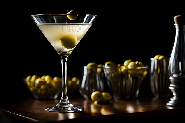 Gin martini with an olive resting on a polished bar top ambient lighting, AI generated