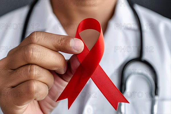 Red AIDS awareness ribbon held by doctor's hand. KI generiert, generiert AI generated