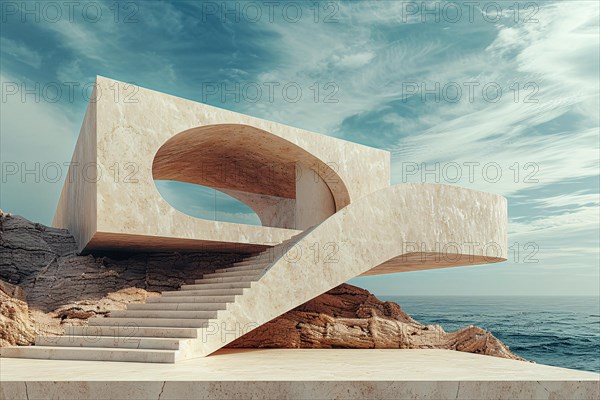 Curvilinear beige structure with stairs overlooking the sea and clear blue sky, AI generated