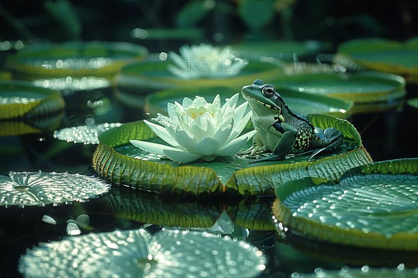 A frog perched on a water lily in a tranquil pond setting, AI generated
