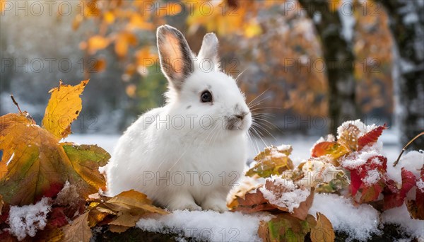 KI generated, A white dwarf rabbit in autumn, ice, snow, onset of winter, (Brachylagus idahoensis)