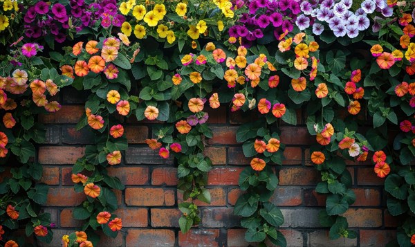 A rich tapestry of colorful petunias blankets a brick wall in an urban garden display AI generated