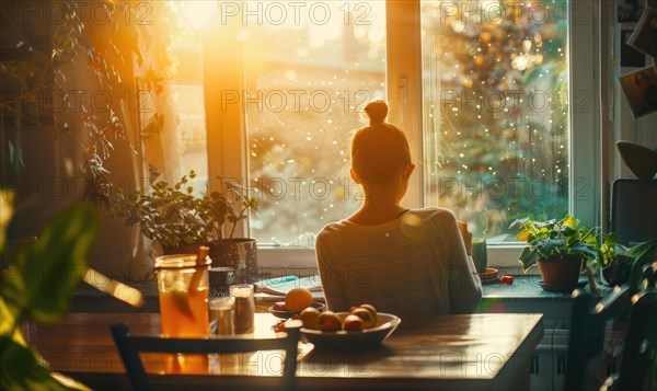 Silhouette of a woman sitting by a sunny window with plants, reflecting a sense of peace AI generated