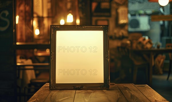 An ornate, glowing empty frame on a wooden table in a warmly lit bar setting AI generated
