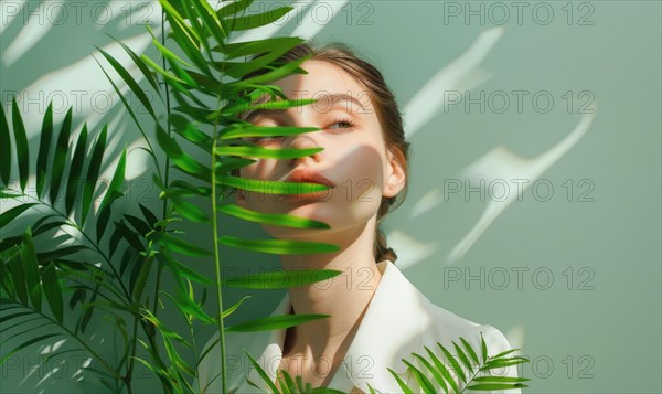 A serene woman with leafy shadows cast across her face and white dress AI generated