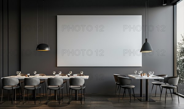 Modern restaurant interior with elegant furniture and a large blank poster on the wall AI generated