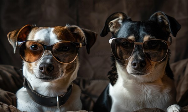 Fashionably styled dogs with sunglasses posing against a dark background AI generated