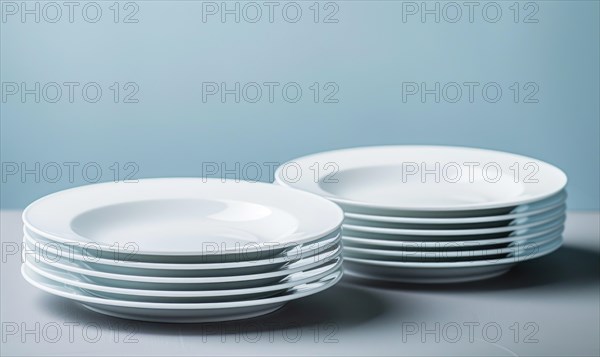 Simple white plates stacked neatly against a calming blue background AI generated
