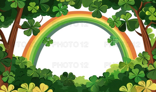 Vibrant cartoon style rainbow and clovers with trees AI generated