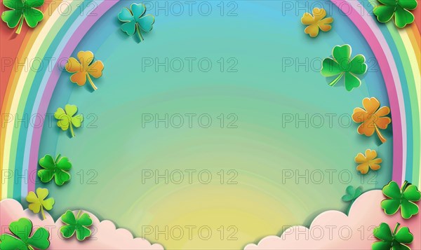 Colorful St. Patrick's Day theme with rainbow and clover decorations on pastel background AI generated