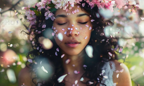 Serene young woman with cherry blossom petals falling around her AI generated