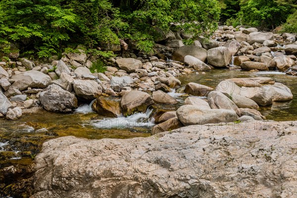 Water flows over boulders in a rocky riverbed surrounded by greenery, in South Korea